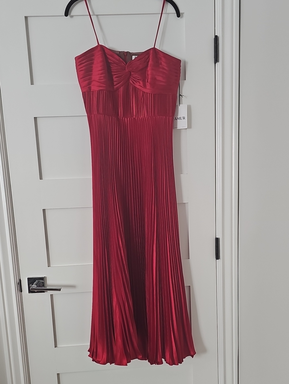 AMUR Ruby Red Pleated Maxi Dress with Spaghetti Straps